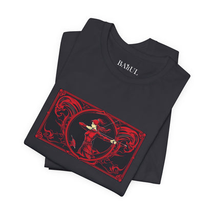 Sagittarius - Gothic Zodiac T-Shirt. Red graphic in front.  Zodiac in the Shadows