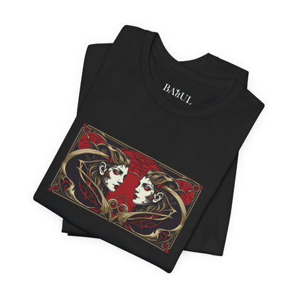 Gemini - Gothic Zodiac T-Shirt. Red graphic in front.  Zodiac in the Shadows