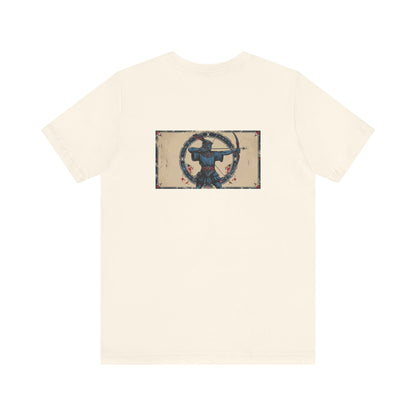 Sagittario - T-shirt con segno zodiacale gotico. Grafica blu sul retro. Zodiaco nell'ombra.