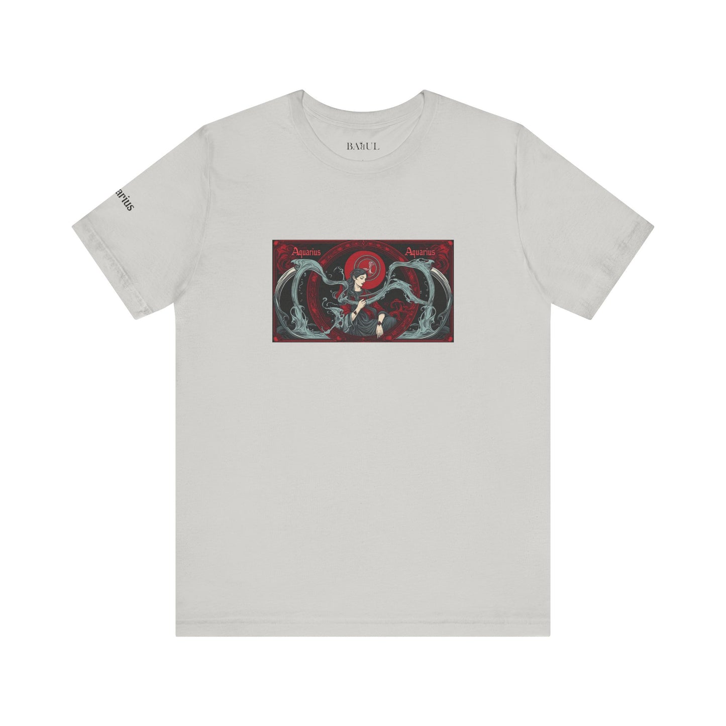 Aquarius - Gothic Zodiac T-Shirt. Red graphic in front.  Zodiac in the Shadows