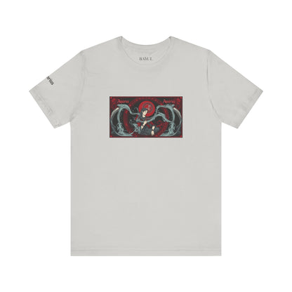 Aquarius - Gothic Zodiac T-Shirt. Red graphic in front.  Zodiac in the Shadows