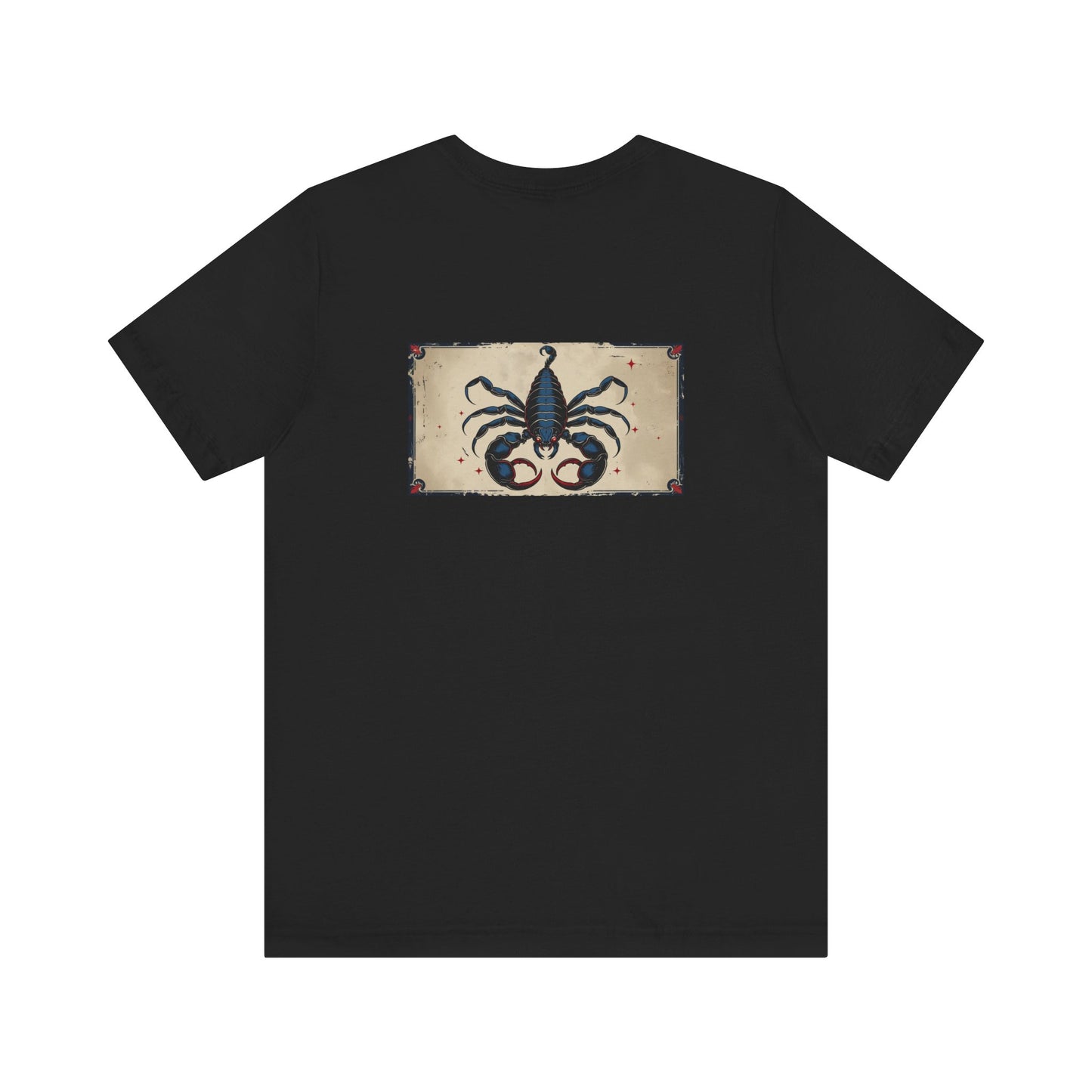 Scorpione - T-shirt con segno zodiacale gotico. Grafica blu sul retro. Segno zodiacale nell'ombra.
