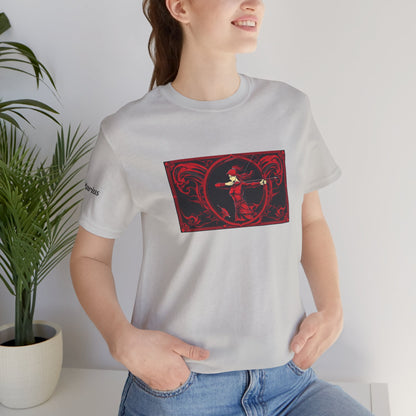 Sagittarius - Gothic Zodiac T-Shirt. Red graphic in front.  Zodiac in the Shadows
