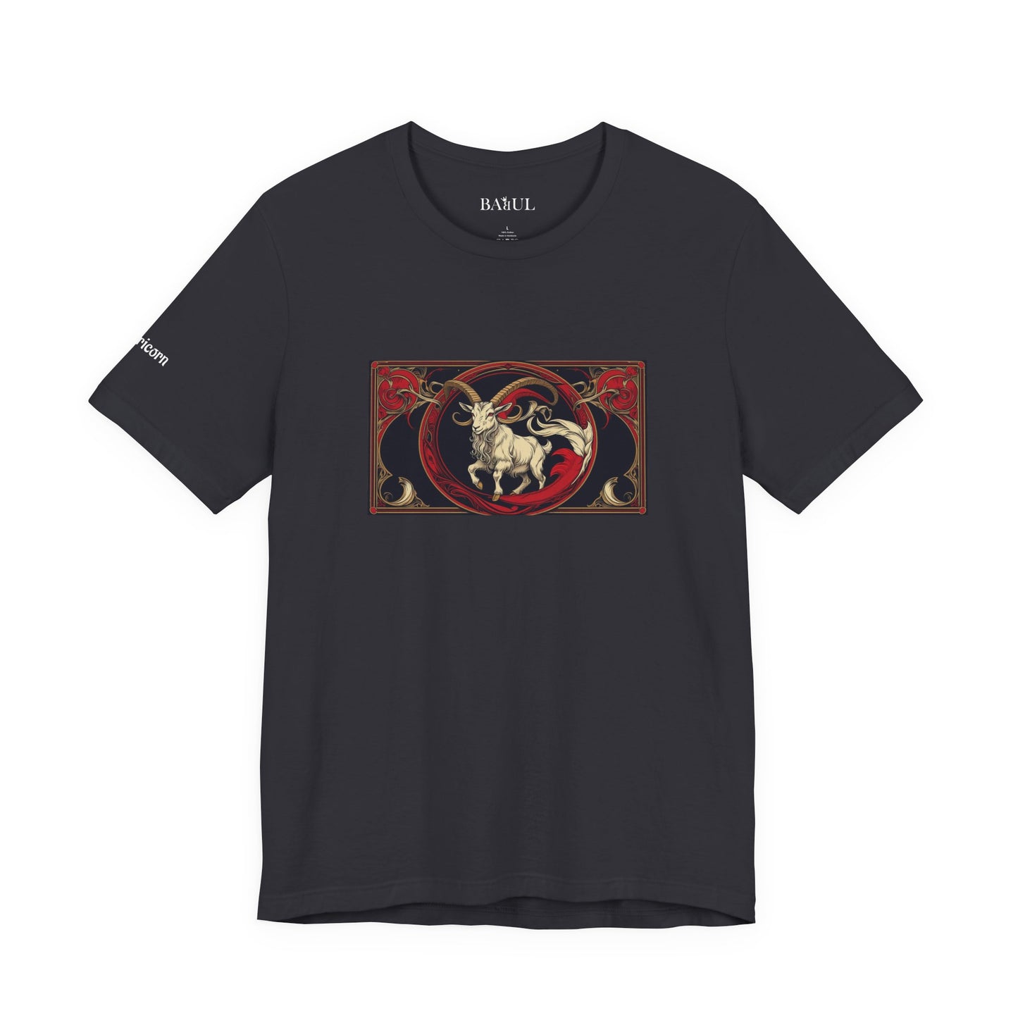 Capricorn - Gothic Zodiac T-Shirt. Red graphic in front. Zodiac in the Shadows