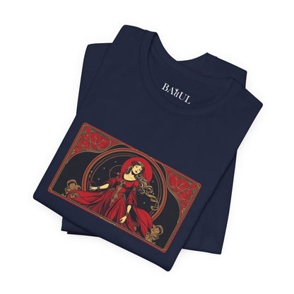 Virgo - Gothic Zodiac T-Shirt. Red graphic in front.  Zodiac in the Shadows