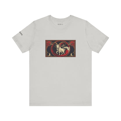 Capricorn - Gothic Zodiac T-Shirt. Red graphic in front. Zodiac in the Shadows