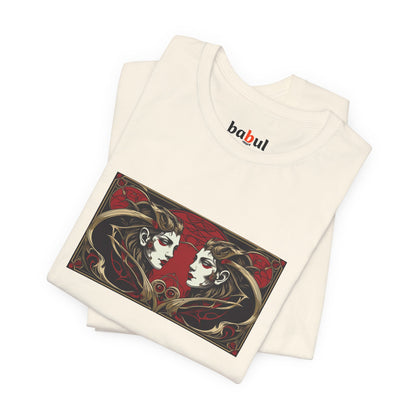 Gemini - Gothic Zodiac T-Shirt. Red graphic in front.  Zodiac in the Shadows