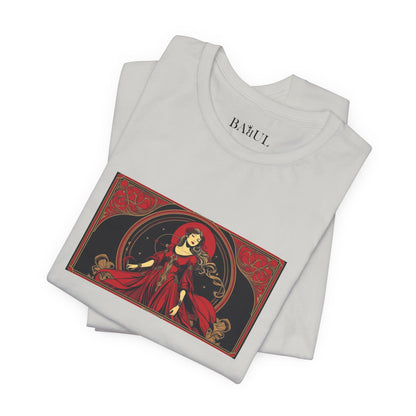 Virgo - Gothic Zodiac T-Shirt. Red graphic in front.  Zodiac in the Shadows