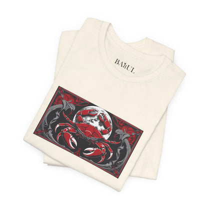 Cancer - Gothic Zodiac T-Shirt. Red graphic in front.  Zodiac in the Shadows