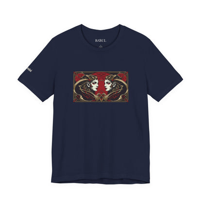 Gemini - Gothic Zodiac T-Shirt. Red graphic in front.  Zodiac in the Shadows