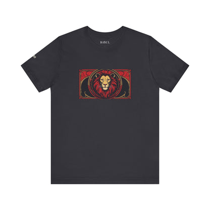 Leo - Gothic Zodiac T-Shirt. Red graphic in front.  Zodiac in the Shadows