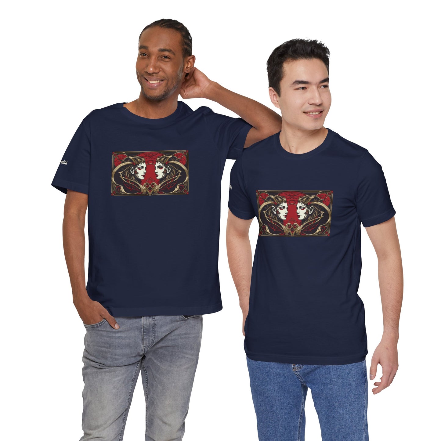 Gemini - Gothic Zodiac T-Shirt. Red graphic in front.  Zodiac in the Shadows