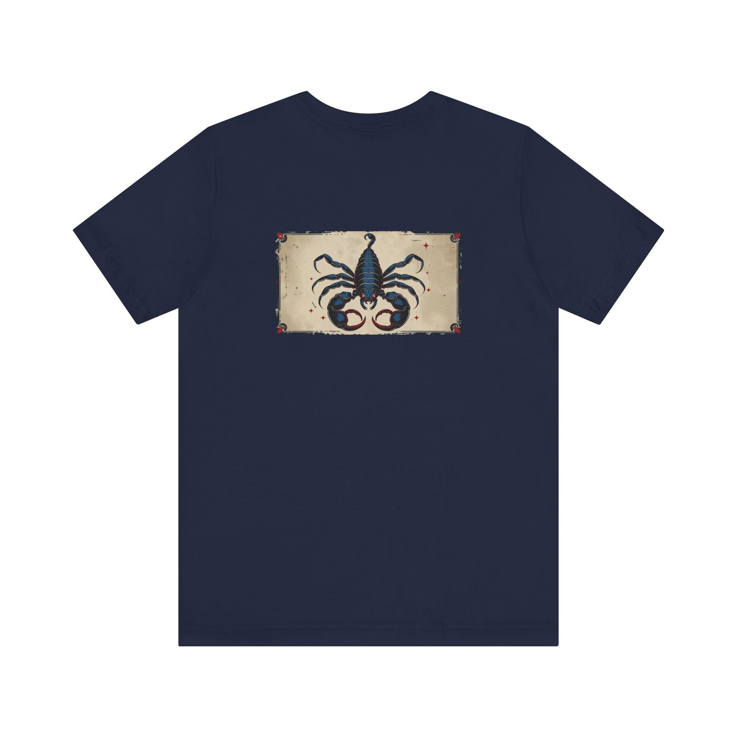 Scorpione - T-shirt con segno zodiacale gotico. Grafica blu sul retro. Segno zodiacale nell'ombra.