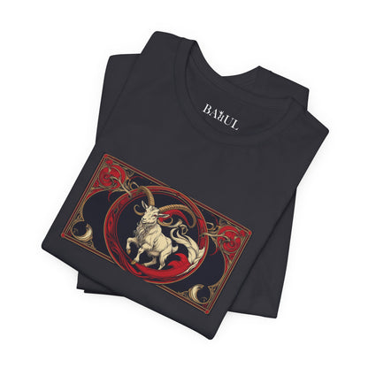 Capricorn - Gothic Zodiac T-Shirt. Red graphic in front. Zodiac in the Shadows