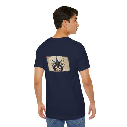Scorpione - T-shirt con segno zodiacale gotico. Grafica blu sul retro. Segno zodiacale nell'ombra.