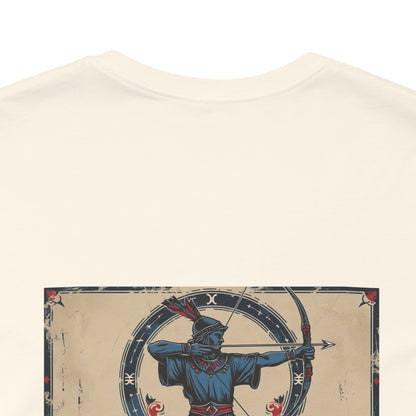 Sagittario - T-shirt con segno zodiacale gotico. Grafica blu sul retro. Zodiaco nell'ombra.