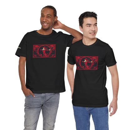 Sagittarius - Gothic Zodiac T-Shirt. Red graphic in front.  Zodiac in the Shadows