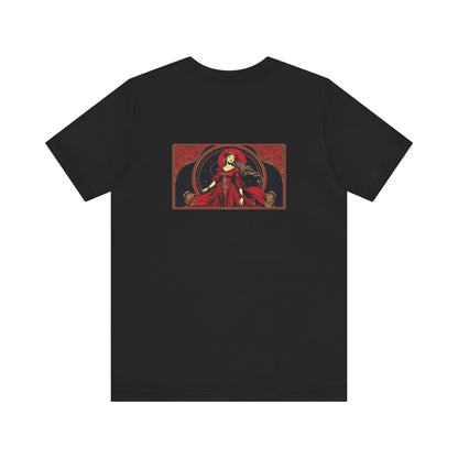 Virgo - Gothic Zodiac, Red Graphic on the back T-Shirt. Zodiac in the Shadows