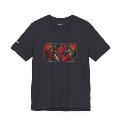 Pisces - Gothic Zodiac T-Shirt. Red graphic in front.  Zodiac in the Shadows