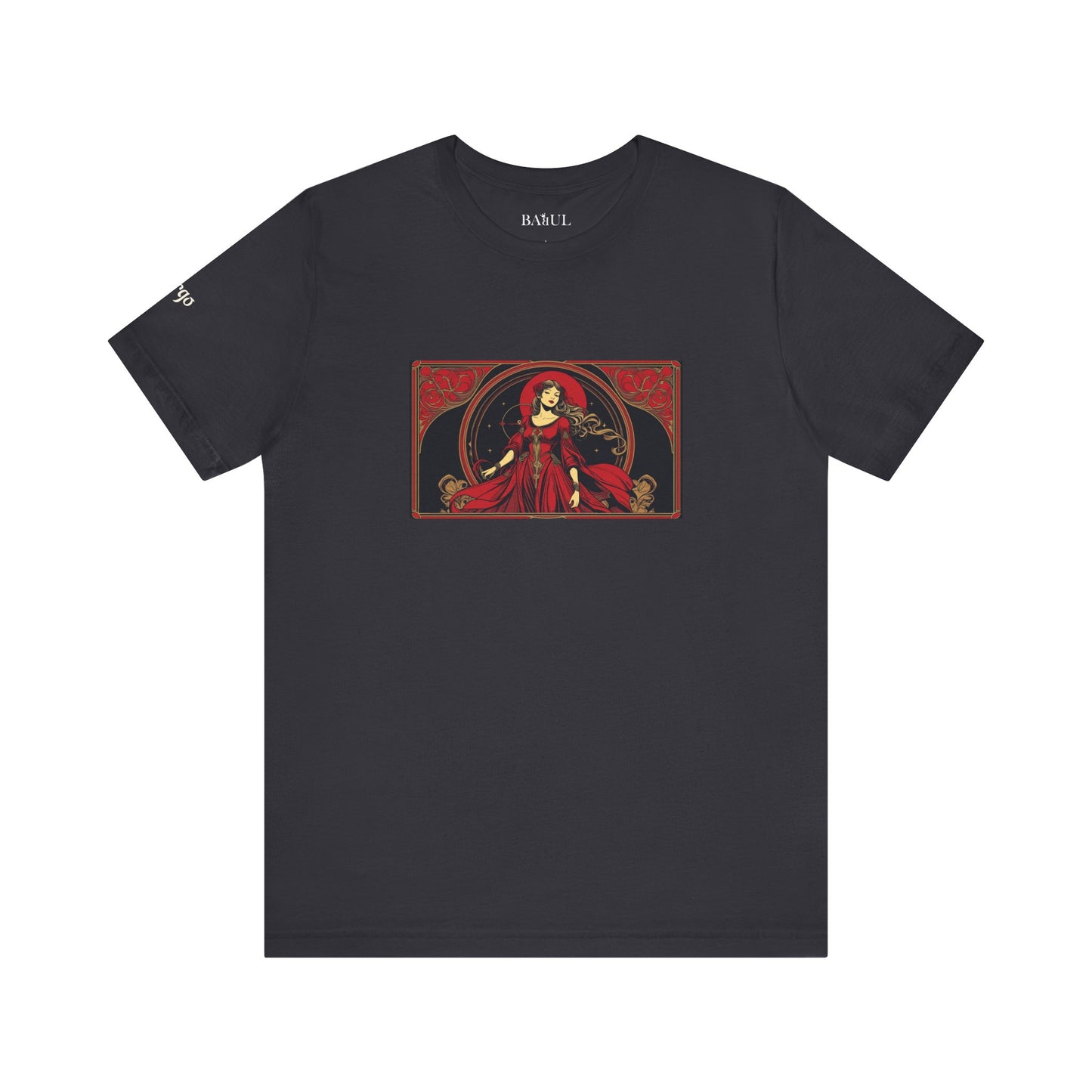 Virgo - Gothic Zodiac T-Shirt. Red graphic in front.  Zodiac in the Shadows