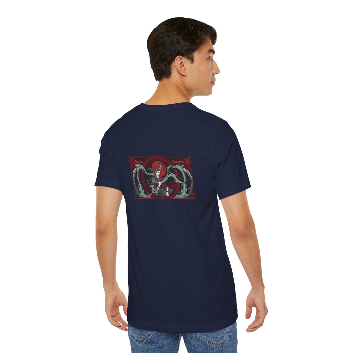 Aquarius - Gothic Zodiac, Red Graphic on the back T-Shirt. Zodiac in the Shadows