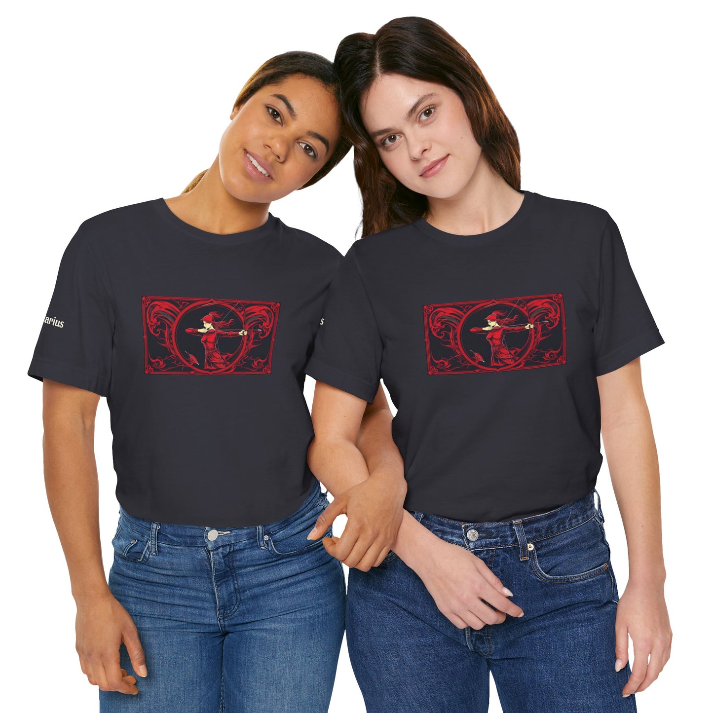 Sagittarius - Gothic Zodiac T-Shirt. Red graphic in front.  Zodiac in the Shadows