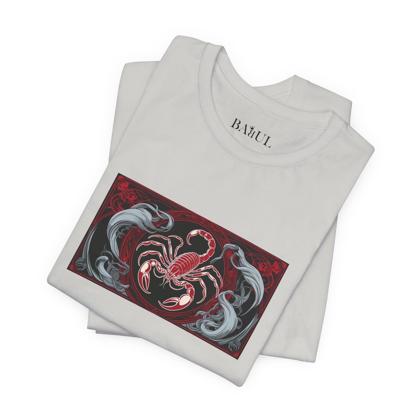 Scorpio - Gothic Zodiac T-Shirt. Red graphic in front. Zodiac in the Shadows