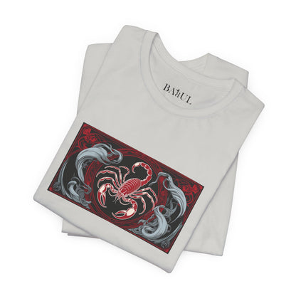 Scorpio - Gothic Zodiac T-Shirt. Red graphic in front. Zodiac in the Shadows