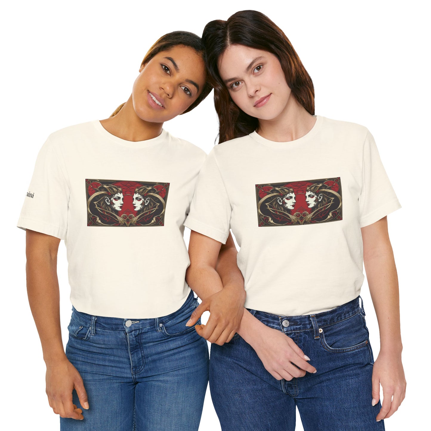 Gemini - Gothic Zodiac T-Shirt. Red graphic in front.  Zodiac in the Shadows