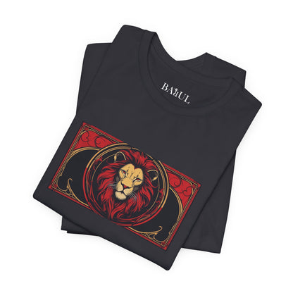 Leo - Gothic Zodiac T-Shirt. Red graphic in front.  Zodiac in the Shadows