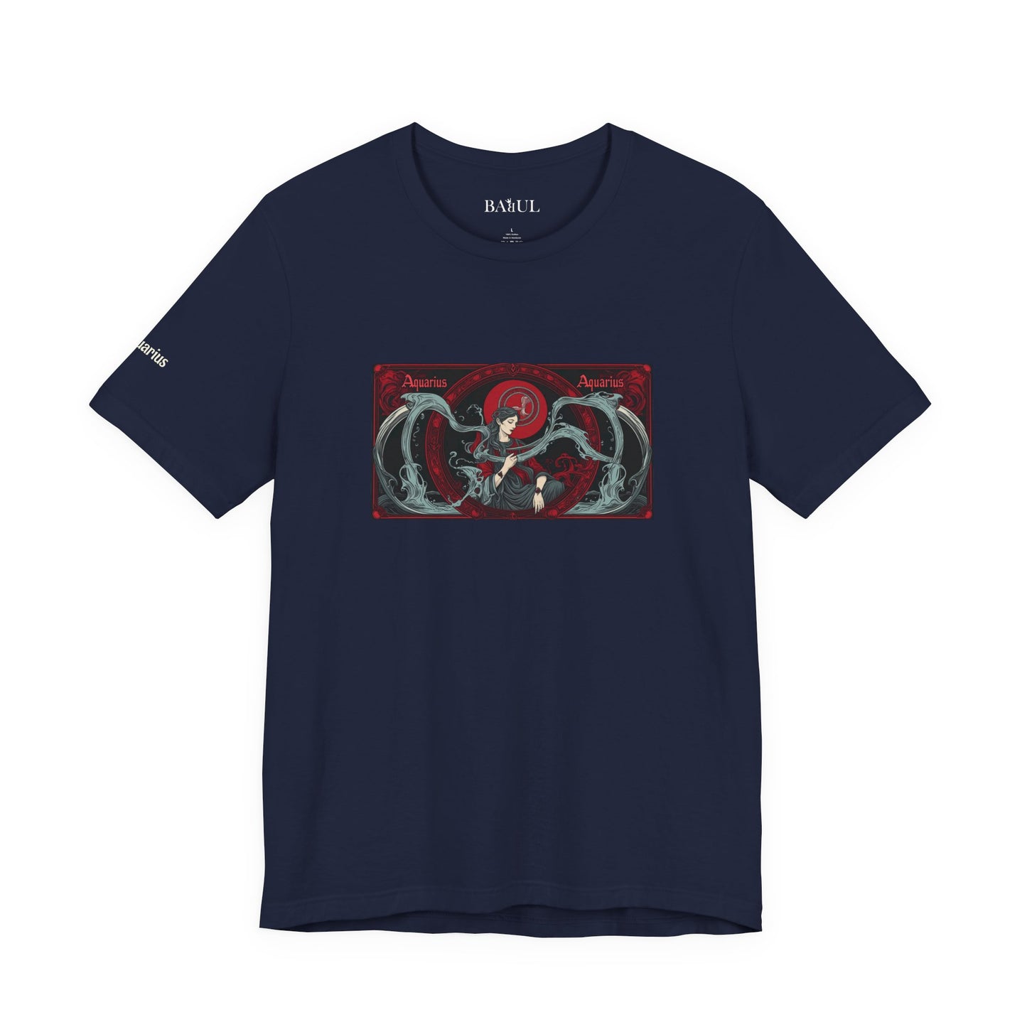 Aquarius - Gothic Zodiac T-Shirt. Red graphic in front.  Zodiac in the Shadows