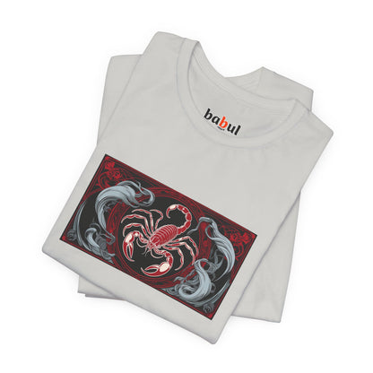 Scorpio - Gothic Zodiac T-Shirt. Red graphic in front. Zodiac in the Shadows