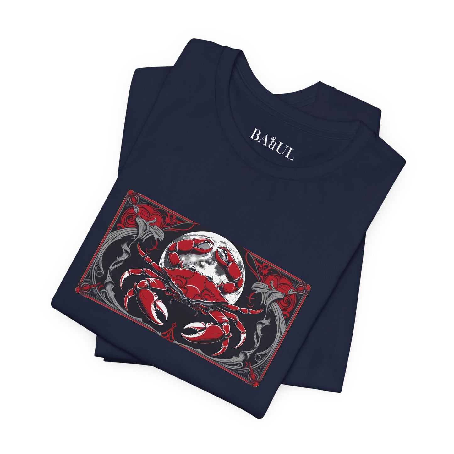 Cancer - Gothic Zodiac T-Shirt. Red graphic in front.  Zodiac in the Shadows