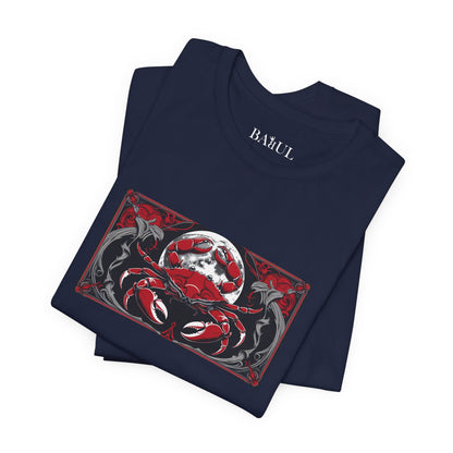 Cancer - Gothic Zodiac T-Shirt. Red graphic in front.  Zodiac in the Shadows