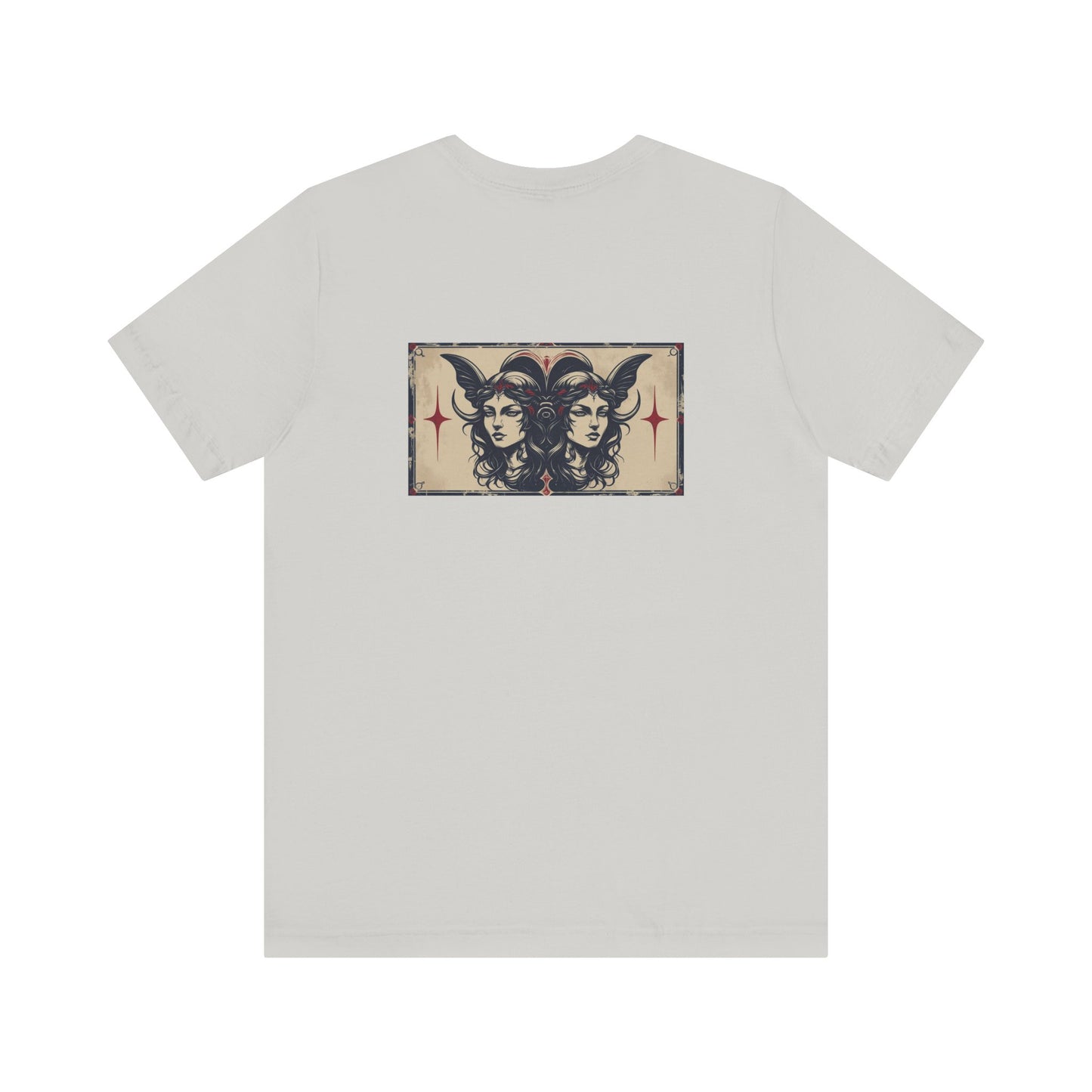 Gemelli - T-shirt con segno zodiacale gotico. Grafica blu sul retro. Segno zodiacale nell'ombra.