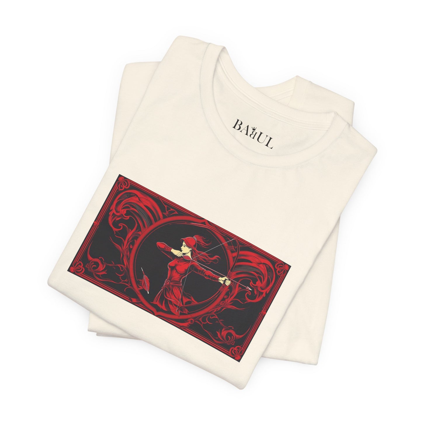 Sagittarius - Gothic Zodiac T-Shirt. Red graphic in front.  Zodiac in the Shadows