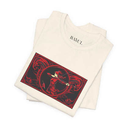 Sagittarius - Gothic Zodiac T-Shirt. Red graphic in front.  Zodiac in the Shadows