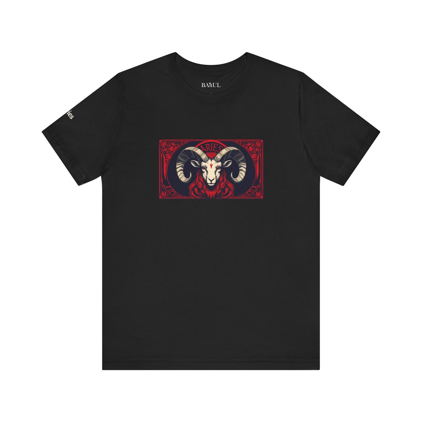 Aries - Gothic Zodiac T-Shirt. Red graphic in front.  Zodiac in the Shadows