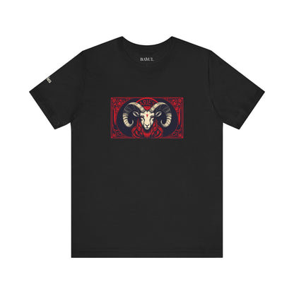 Aries - Gothic Zodiac T-Shirt. Red graphic in front.  Zodiac in the Shadows