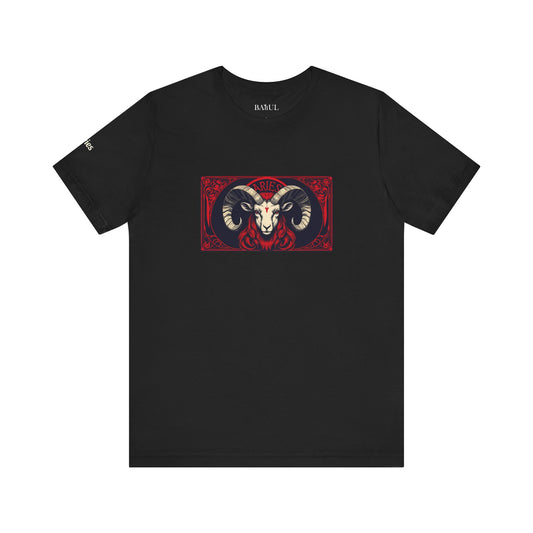 Aries - Gothic Zodiac T-Shirt. Red graphic in front.  Zodiac in the Shadows