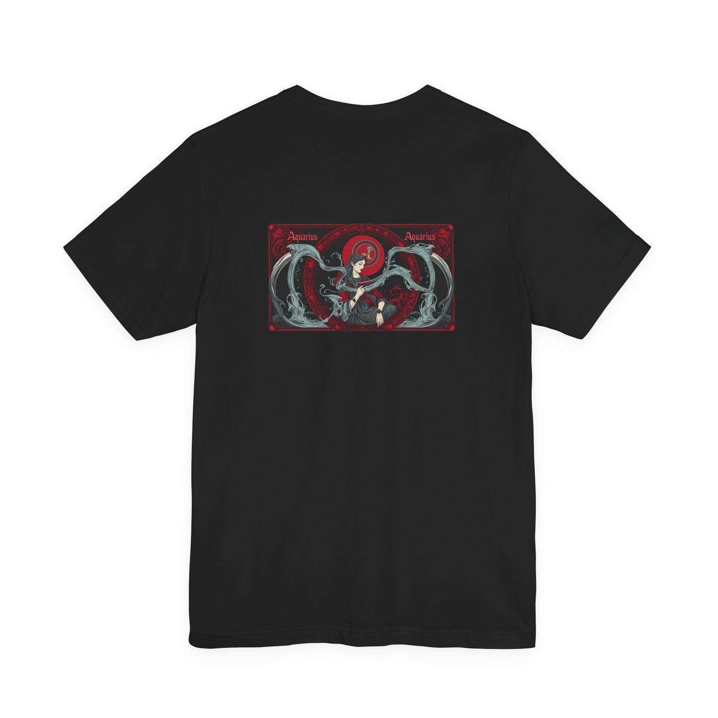 Aquarius - Gothic Zodiac, Red Graphic on the back T-Shirt. Zodiac in the Shadows