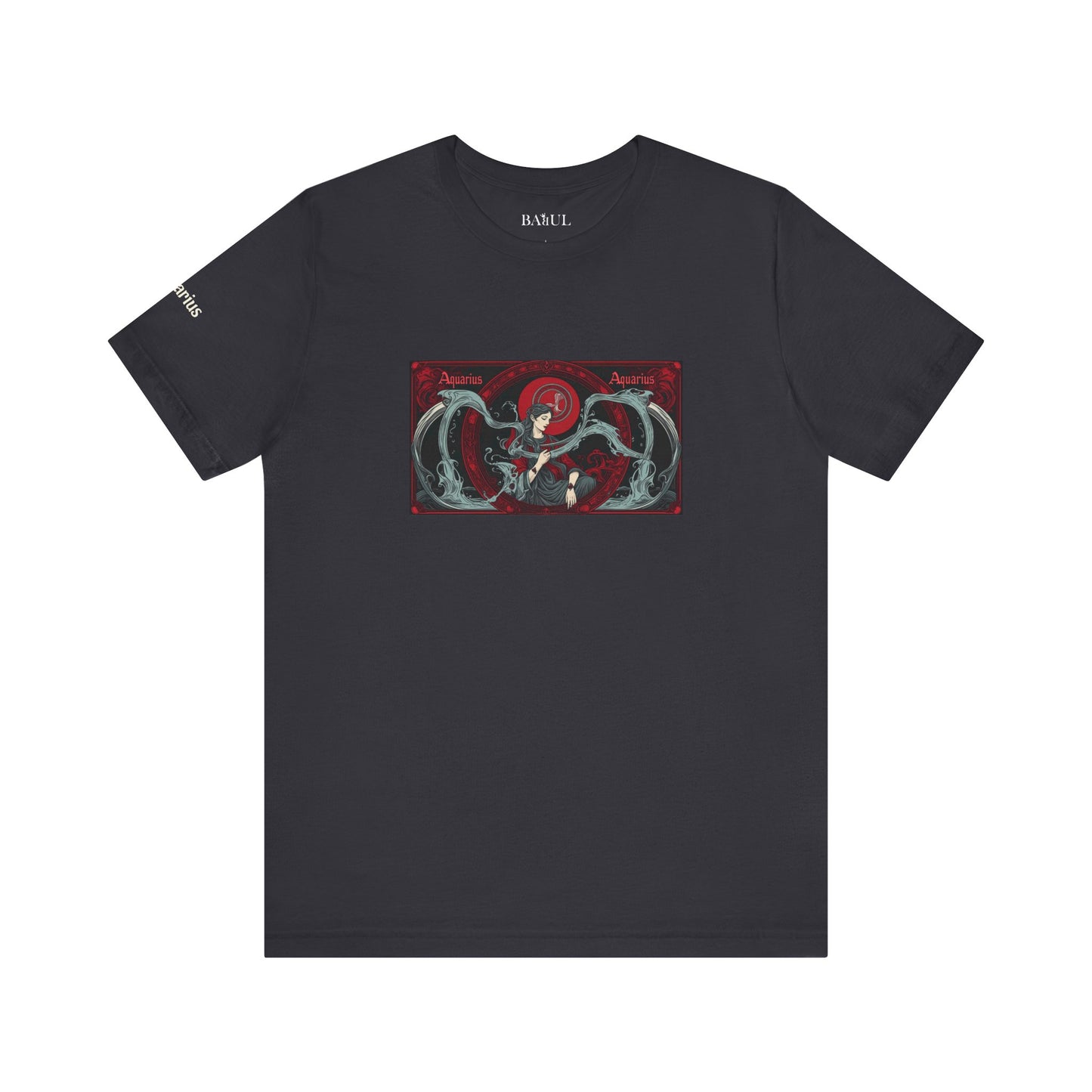 Aquarius - Gothic Zodiac T-Shirt. Red graphic in front.  Zodiac in the Shadows
