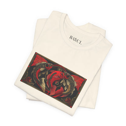 Pisces - Gothic Zodiac T-Shirt. Red graphic in front.  Zodiac in the Shadows