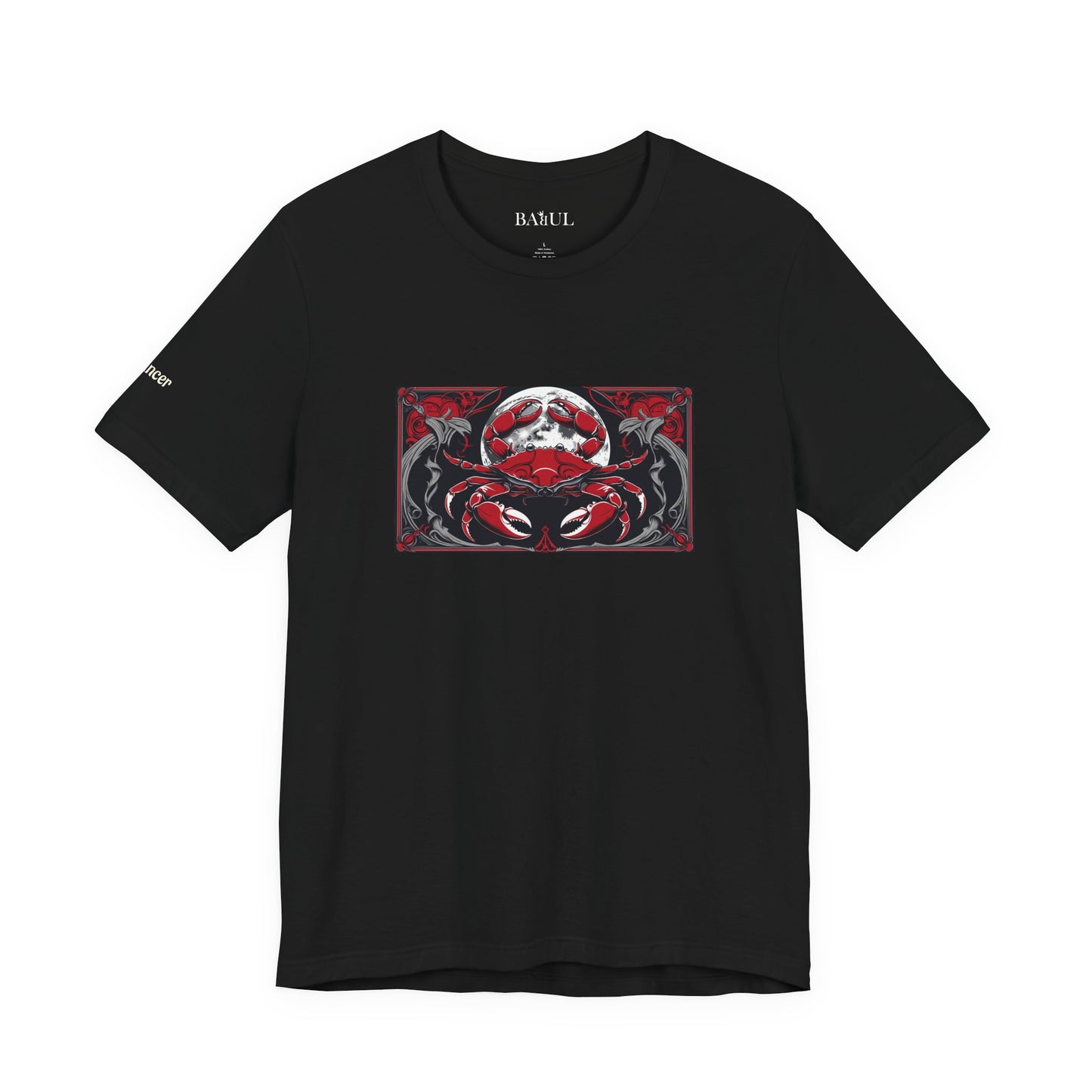Cancer - Gothic Zodiac T-Shirt. Red graphic in front.  Zodiac in the Shadows