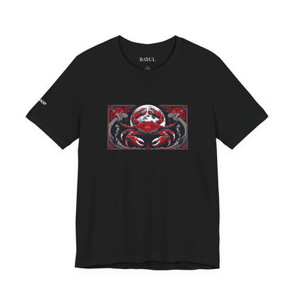 Cancer - Gothic Zodiac T-Shirt. Red graphic in front.  Zodiac in the Shadows