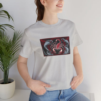 Scorpio - Gothic Zodiac T-Shirt. Red graphic in front. Zodiac in the Shadows