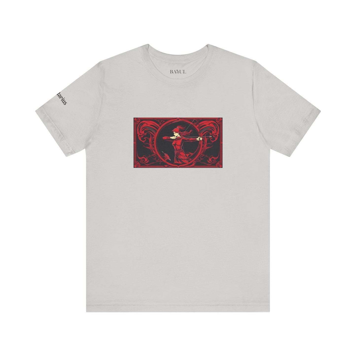 Sagittarius - Gothic Zodiac T-Shirt. Red graphic in front.  Zodiac in the Shadows
