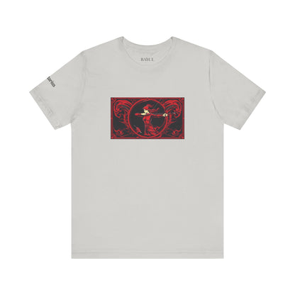 Sagittarius - Gothic Zodiac T-Shirt. Red graphic in front.  Zodiac in the Shadows