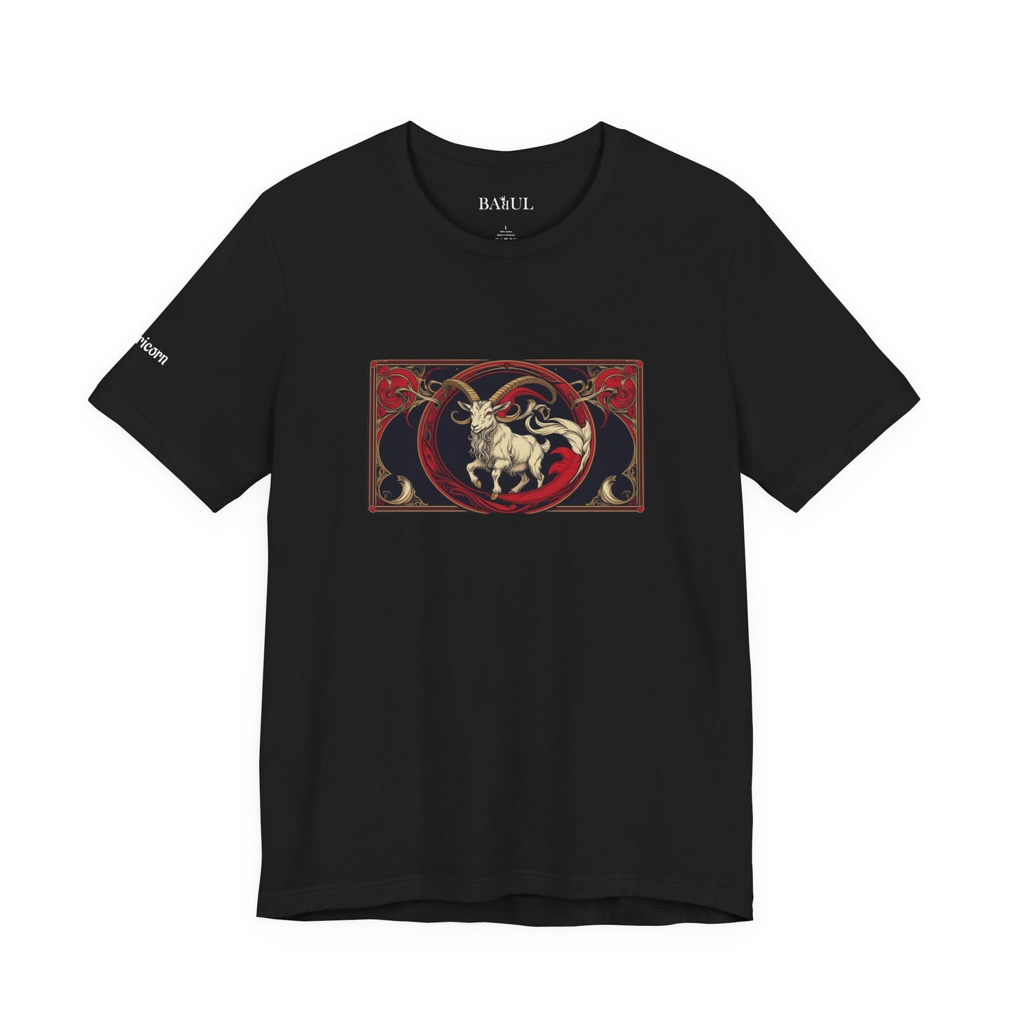 Capricorn - Gothic Zodiac T-Shirt. Red graphic in front. Zodiac in the Shadows