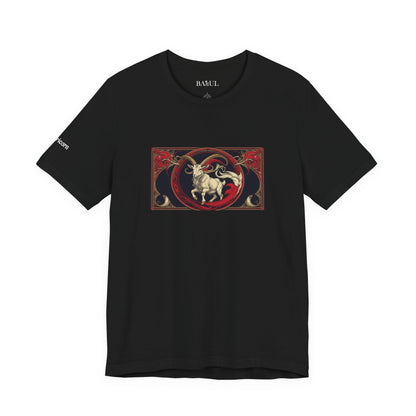 Capricorn - Gothic Zodiac T-Shirt. Red graphic in front. Zodiac in the Shadows